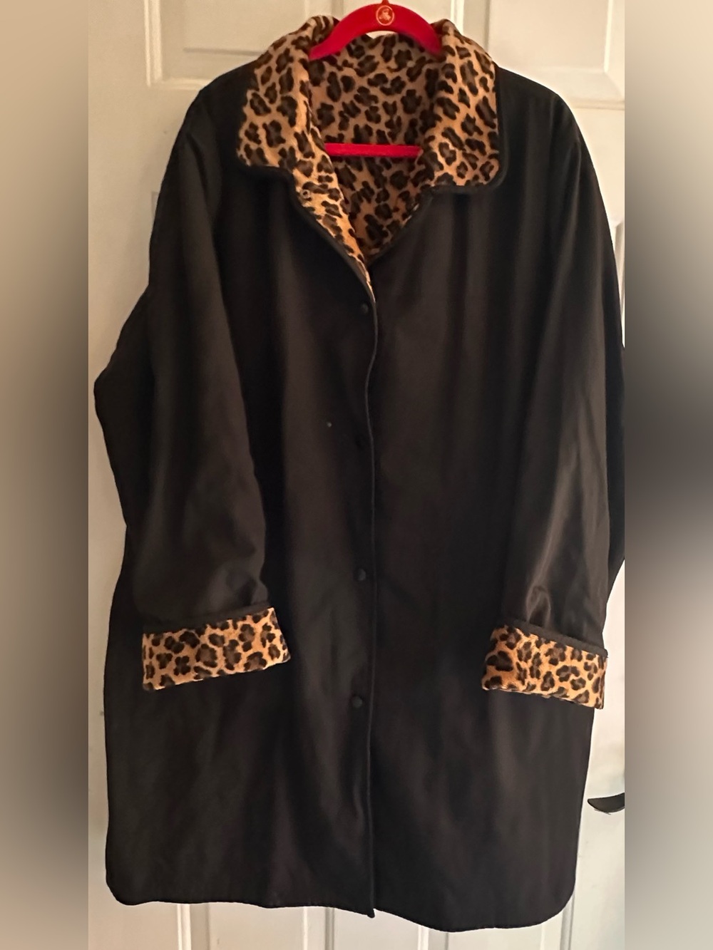 Black Reversible Trench Coat with Leopard-Print Trim - Women's Trench